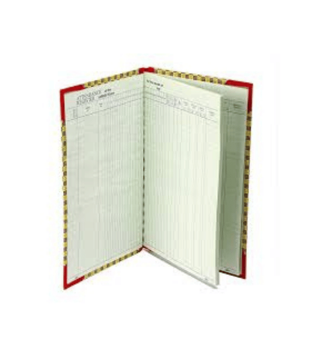 Hard-bound attendance register with 140 pages and Muster Time In/Out columns